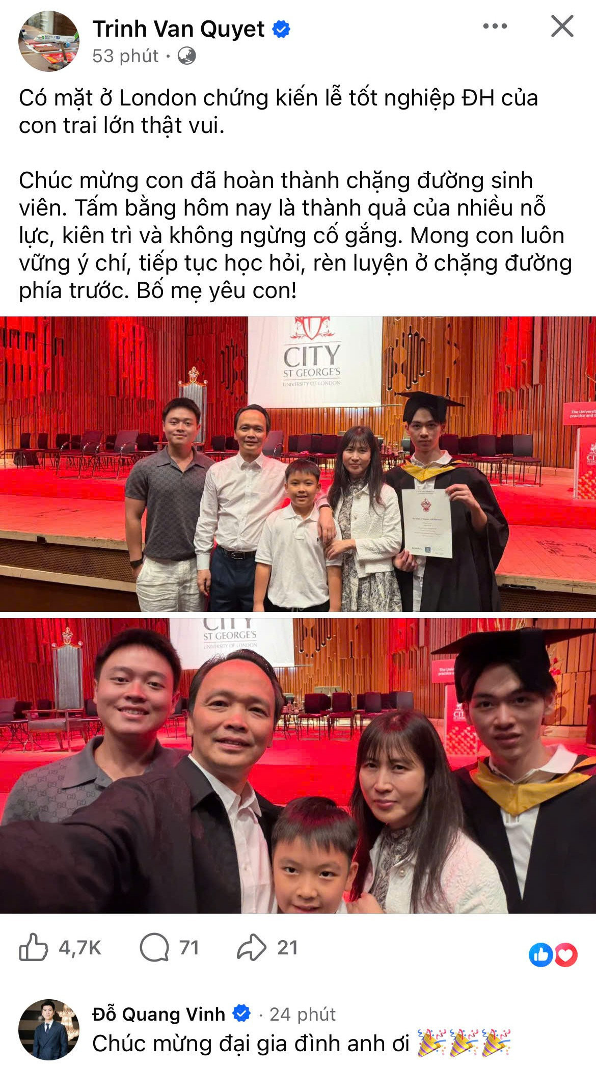 Ông Trịnh Văn Quyết sang London chứng kiến lễ tốt nghiệp của con trai